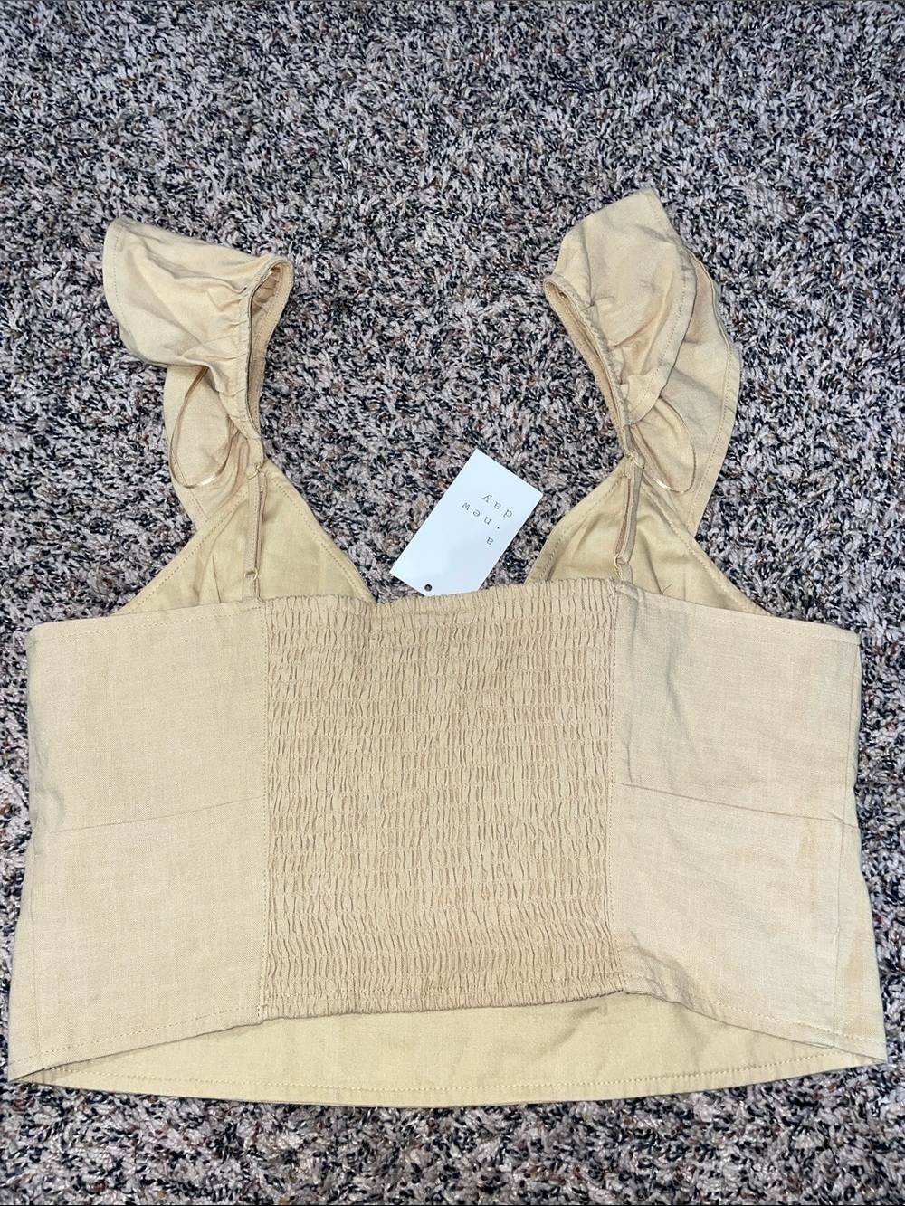a new day Tan Ruffle Strap V‑Neck Crop Top Smocked Size M | NWT - Picture 4 of 5